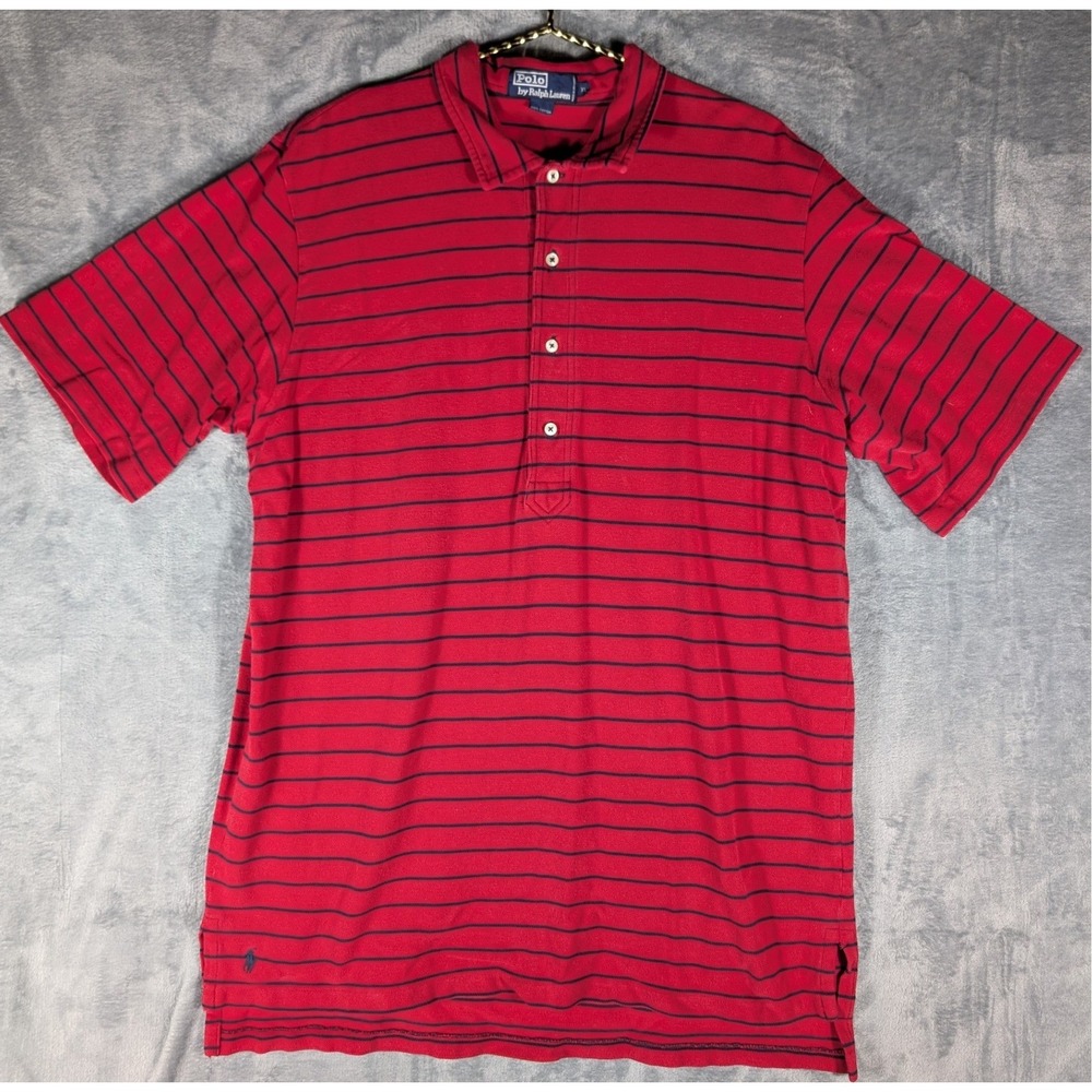 Polo Ralph Lauren Men's XL‎ Red Navy Blue Striped Short Sleeve Cotton Pique Polo